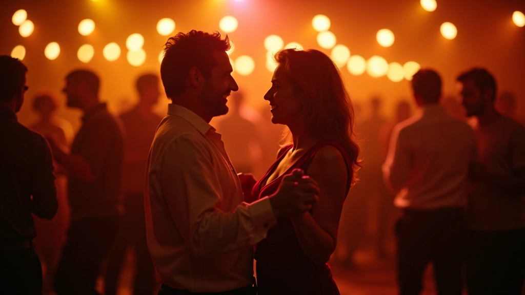 Vibrant dance floor with people dancing salsa in a festive venue with warm atmospheric lighting