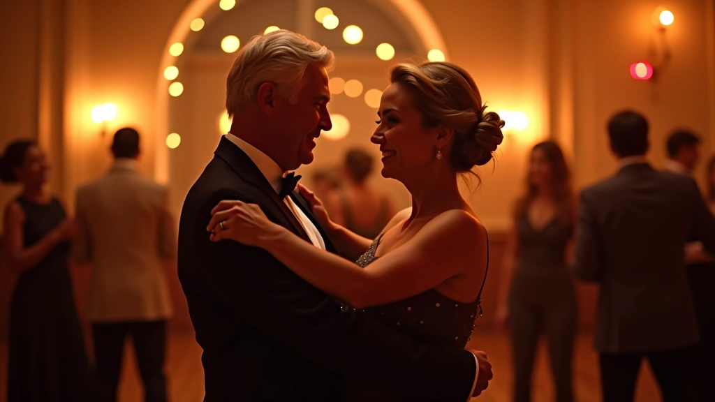 Mature woman and man dancing salsa together with confident connection and smooth partnership on an intimate dance floor