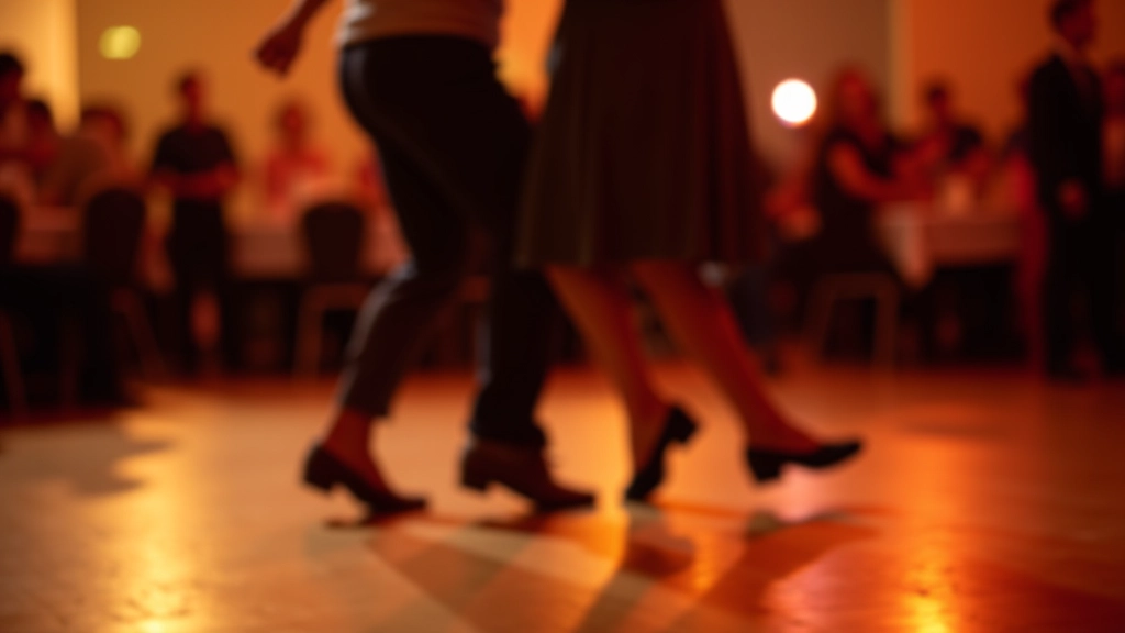 Close-up of dancers' feet showing salsa footwork in motion on a polished dance floor with energetic movement