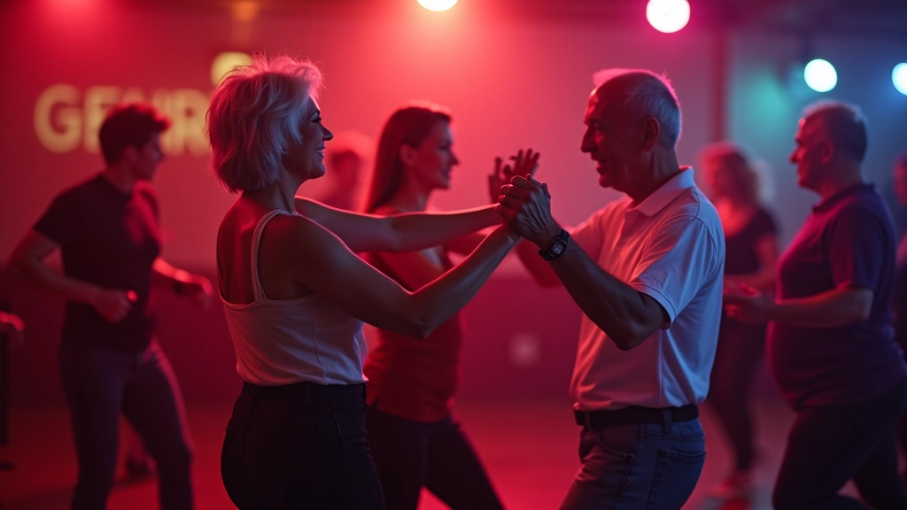 Mature adults enjoying salsa dancing together at a social event