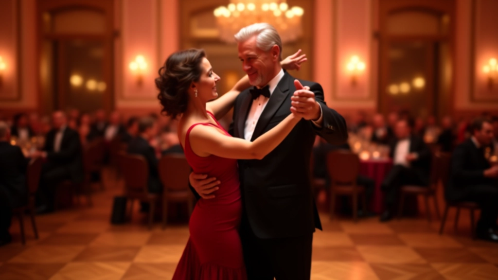 Indoor autumn gala with mature dancers in formal attire, elegant ballroom lighting with chandeliers, polished dance floor