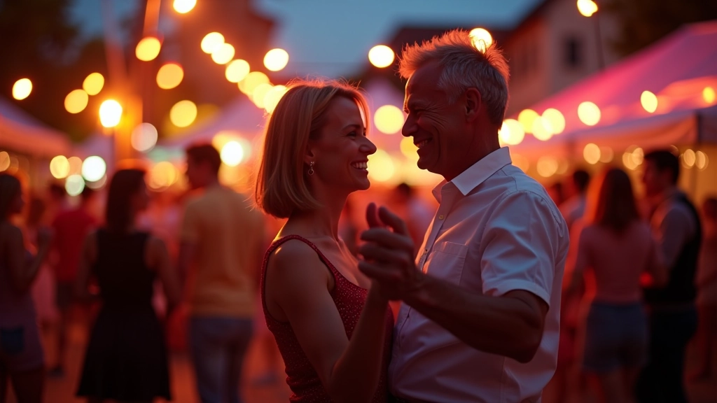 Large outdoor festival setting with dancers and colorful decorations celebrating during an evening event