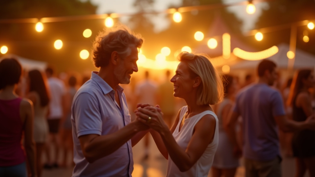 Outdoor summer dance festival with string lights, mature dancers in casual summer clothing, evening atmosphere with colorful decorations