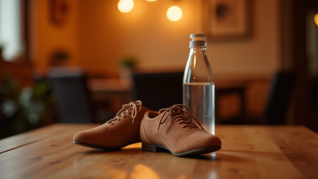 Pair of dance shoes displayed on a wooden surface with a water bottle nearby