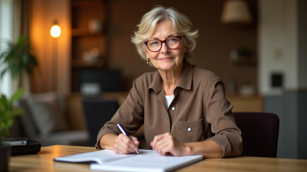 Mature woman aged 50 looking at calendar and planning, sitting at desk with notebook and cup of tea, warm home office lighting